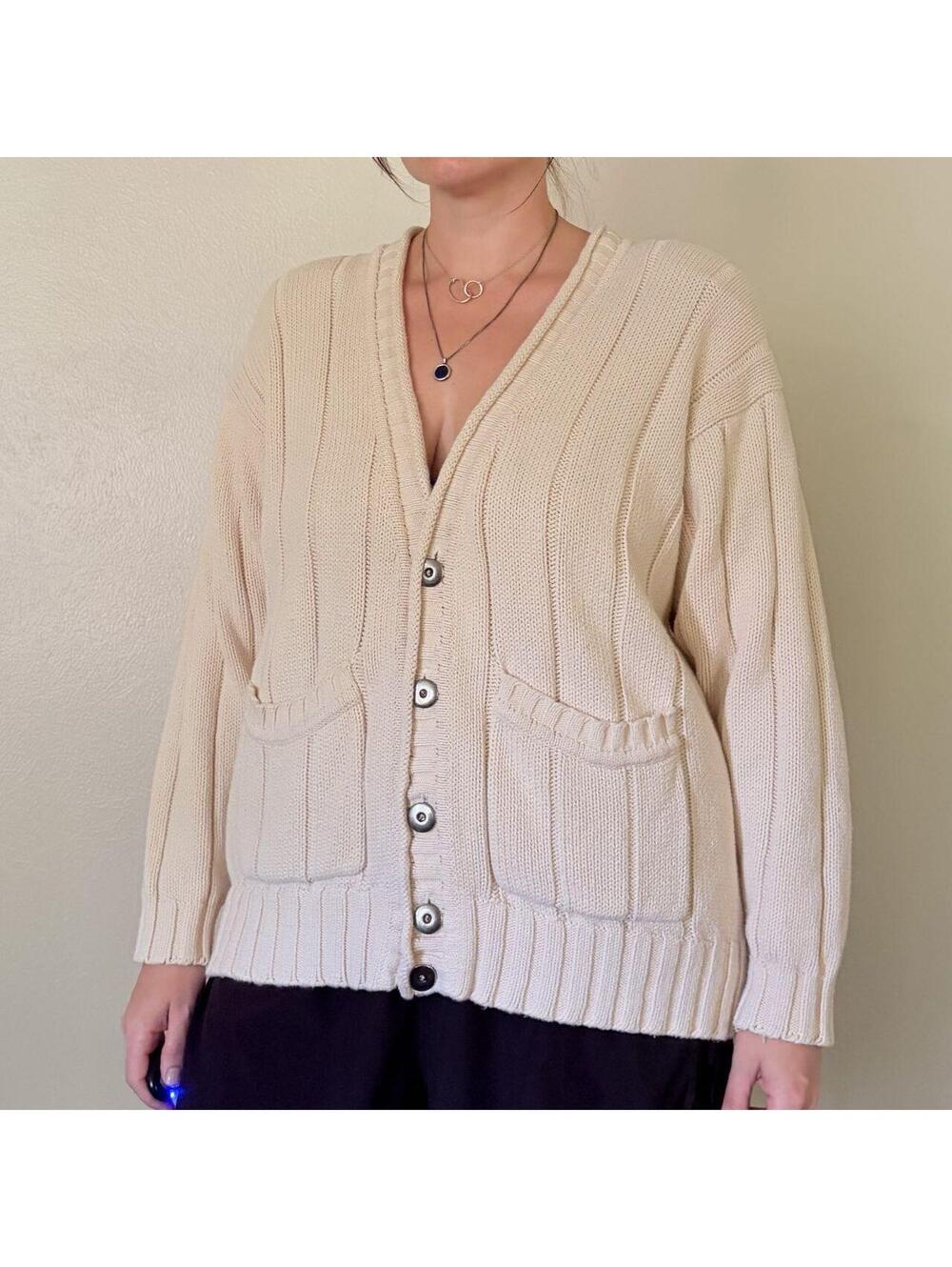 Knit Cardigan Vintage Heavyweight Ivory V Neck Shoulder Pads Grandmacore